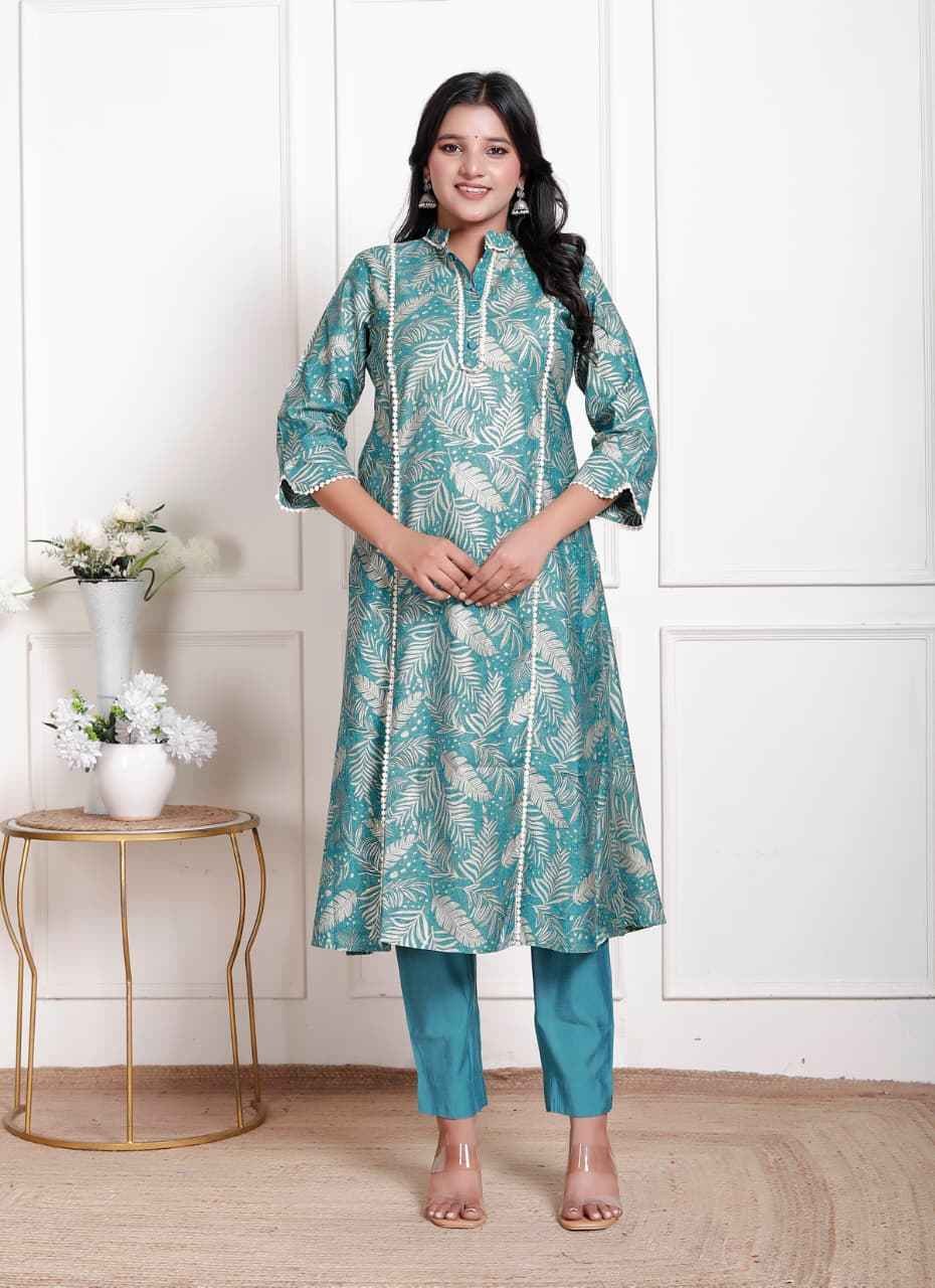 Teal Blue Leaf Print Kurta Set